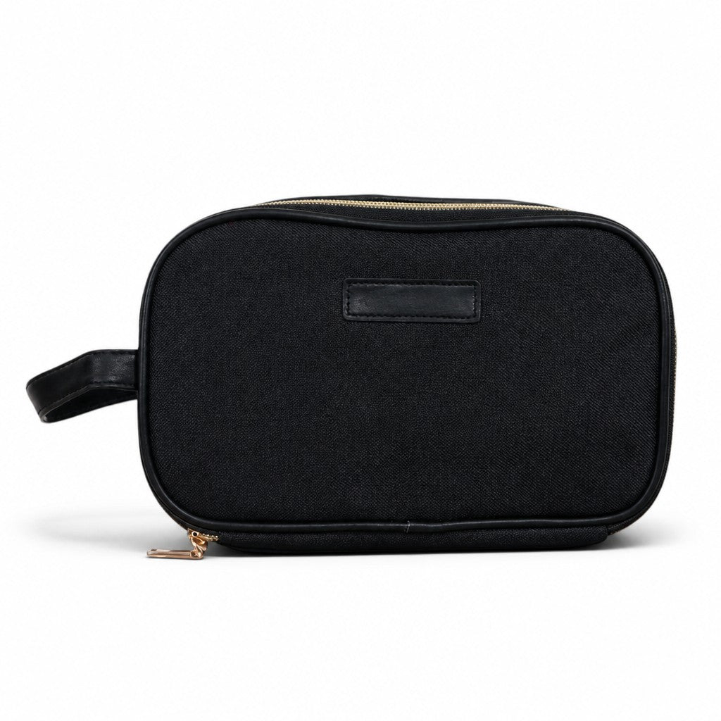Bolso cosmetiquera negro MAYORISTASBAG de diseño compacto y elegante con cierre dorado, ideal para viajes.