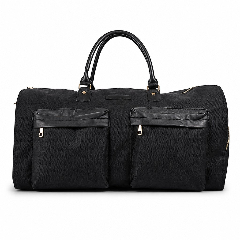 Bolso expandible negro MAYORISTASBAG de cuerina con bolsillos frontales, ideal para viajes y equipaje de mano.