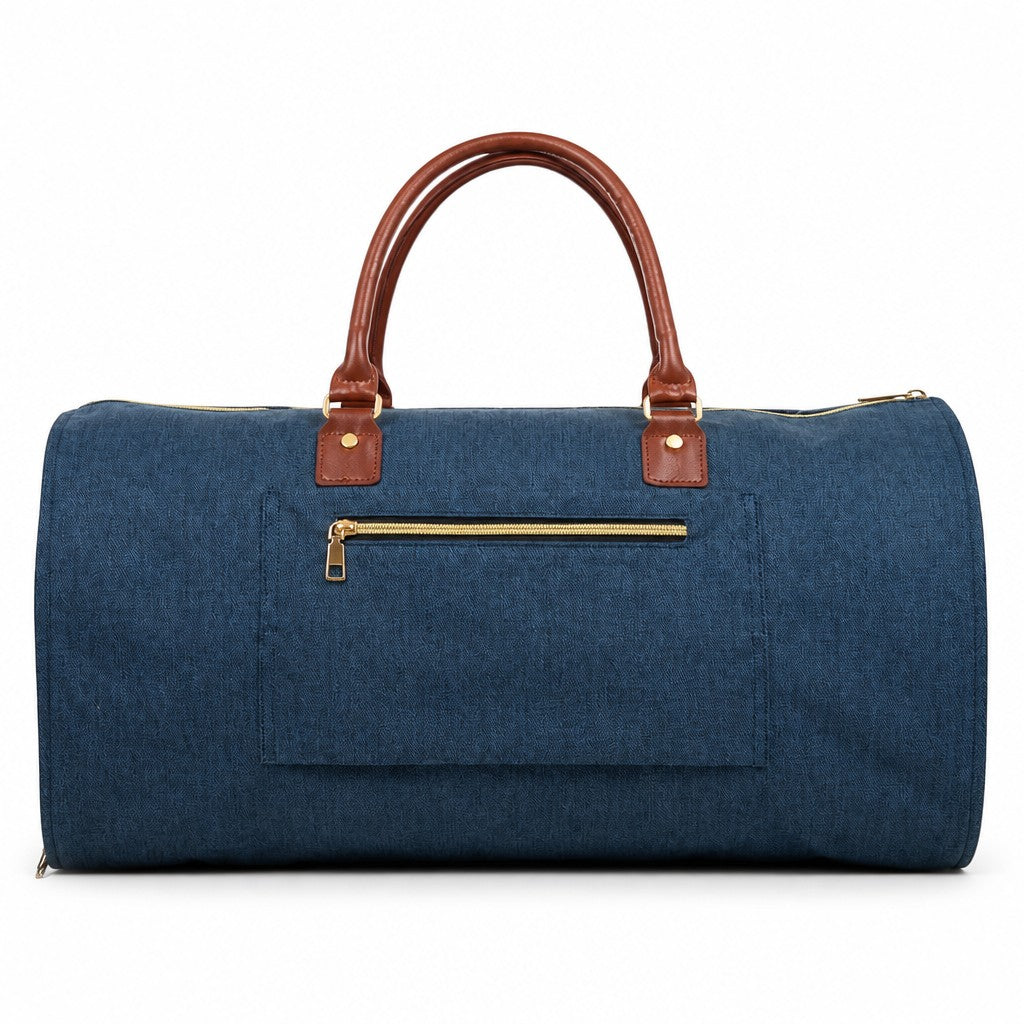 Bolso de viaje expandible MAYORISTASBAG azul de cuerina con asas de cuero marrón y cremalleras doradas