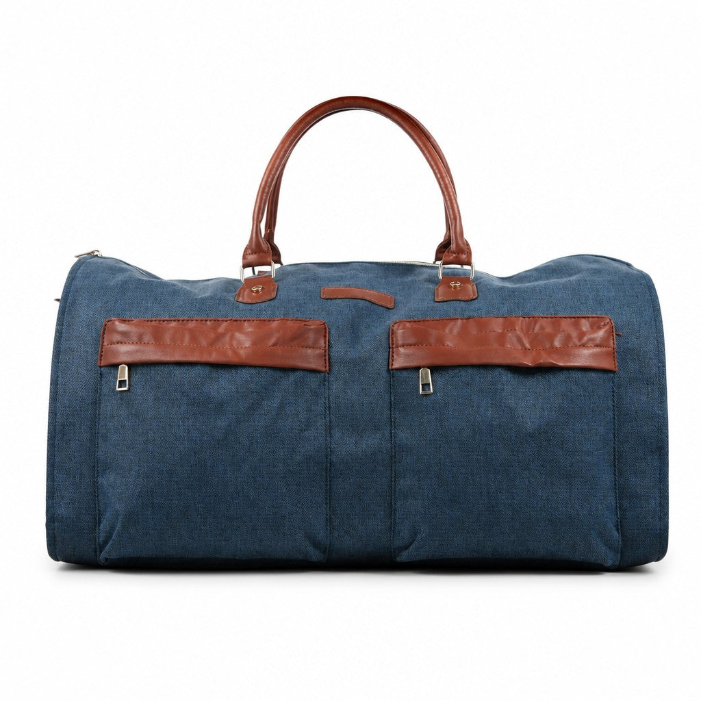 Bolso de viaje expandible MAYORISTASBAG en color azul con detalles en cuerina marrón y bolsillos frontales
