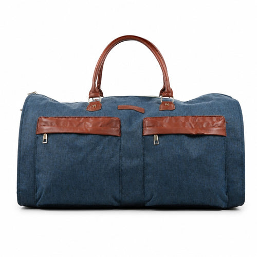 Bolso de viaje expandible MAYORISTASBAG en color azul con detalles en cuerina marrón y bolsillos frontales