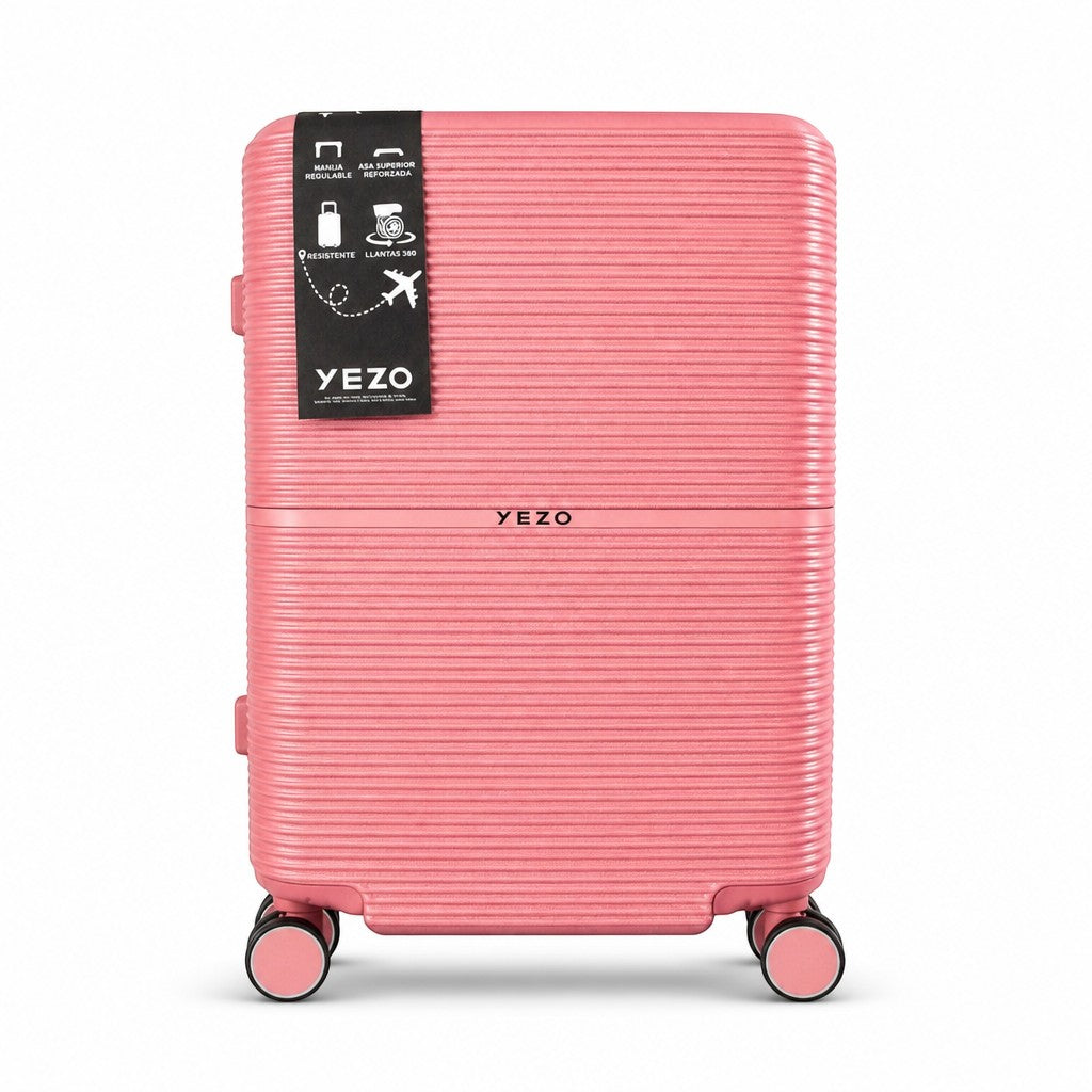 Maleta de viaje rosa MAYORISTASBAG YEZO NOVA de 10 kg con acabado estriado, cuatro ruedas giratorias y diseño moderno.