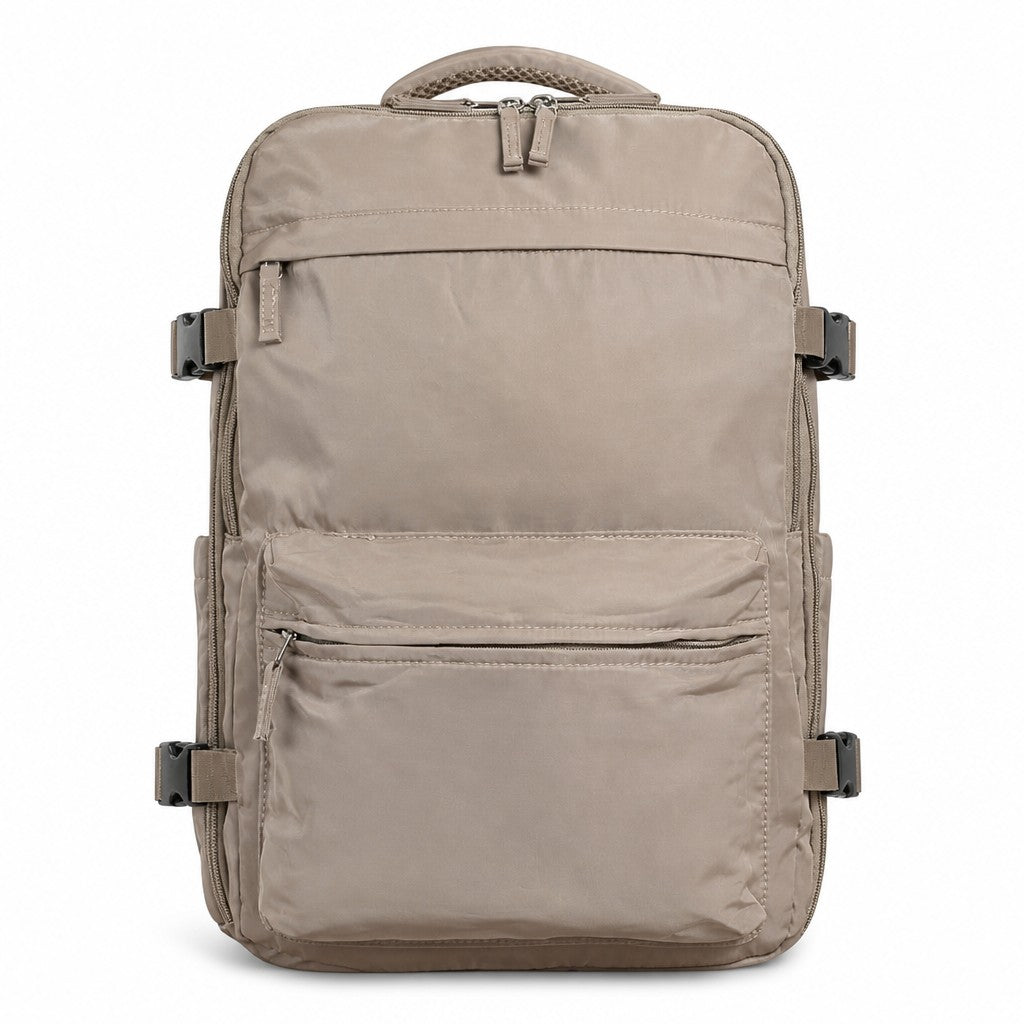 Morral de compresión MAYORISTASBAG color beige en tela sintética ligera con correas laterales y bolsillos frontales