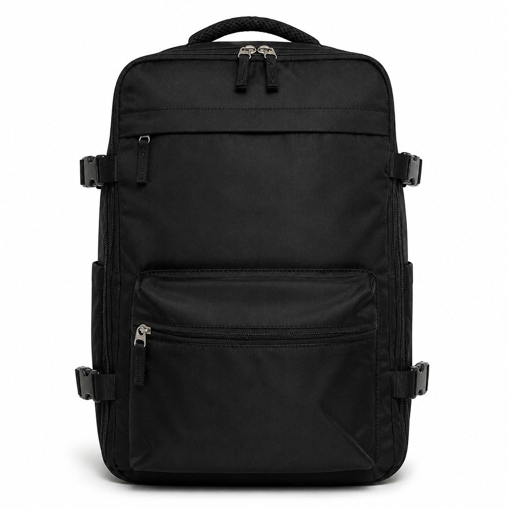 Morral de compresión MAYORISTASBAG negro de tela sintética con correas laterales y bolsillos frontales con cremallera