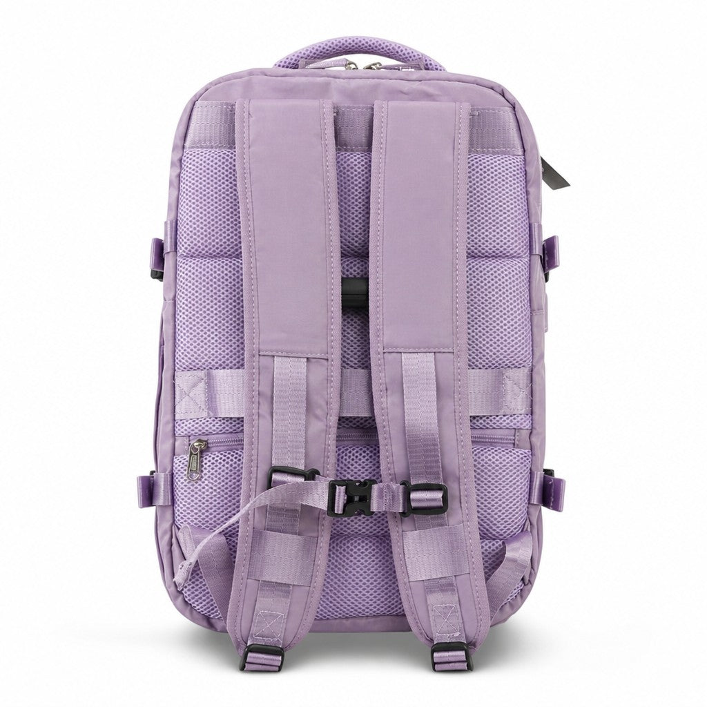 Vista trasera del morral urbano MAYORISTASBAG YEZO 2218 en color lila con correas acolchadas y panel ergonómico.