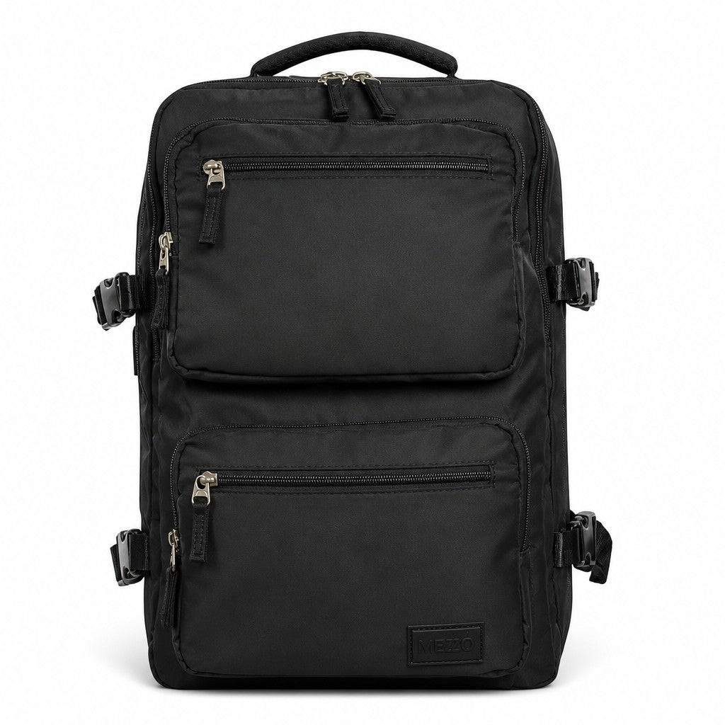 Morral urbano negro MAYORISTASBAG con compartimentos frontales, cremalleras resistentes y diseño ergonómico.