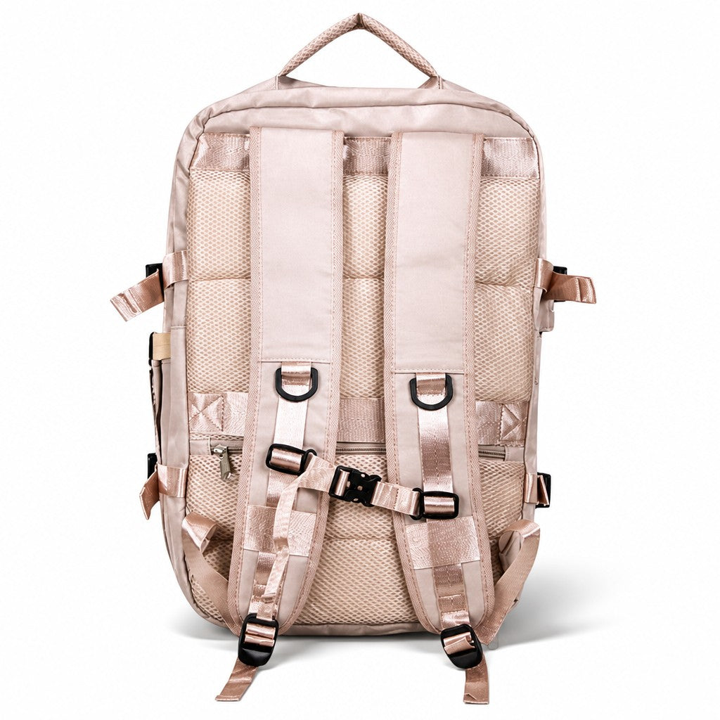 Vista trasera del morral MAYORISTASBAG YEZO 2211 color beige con correas acolchadas ergonómicas y malla transpirable