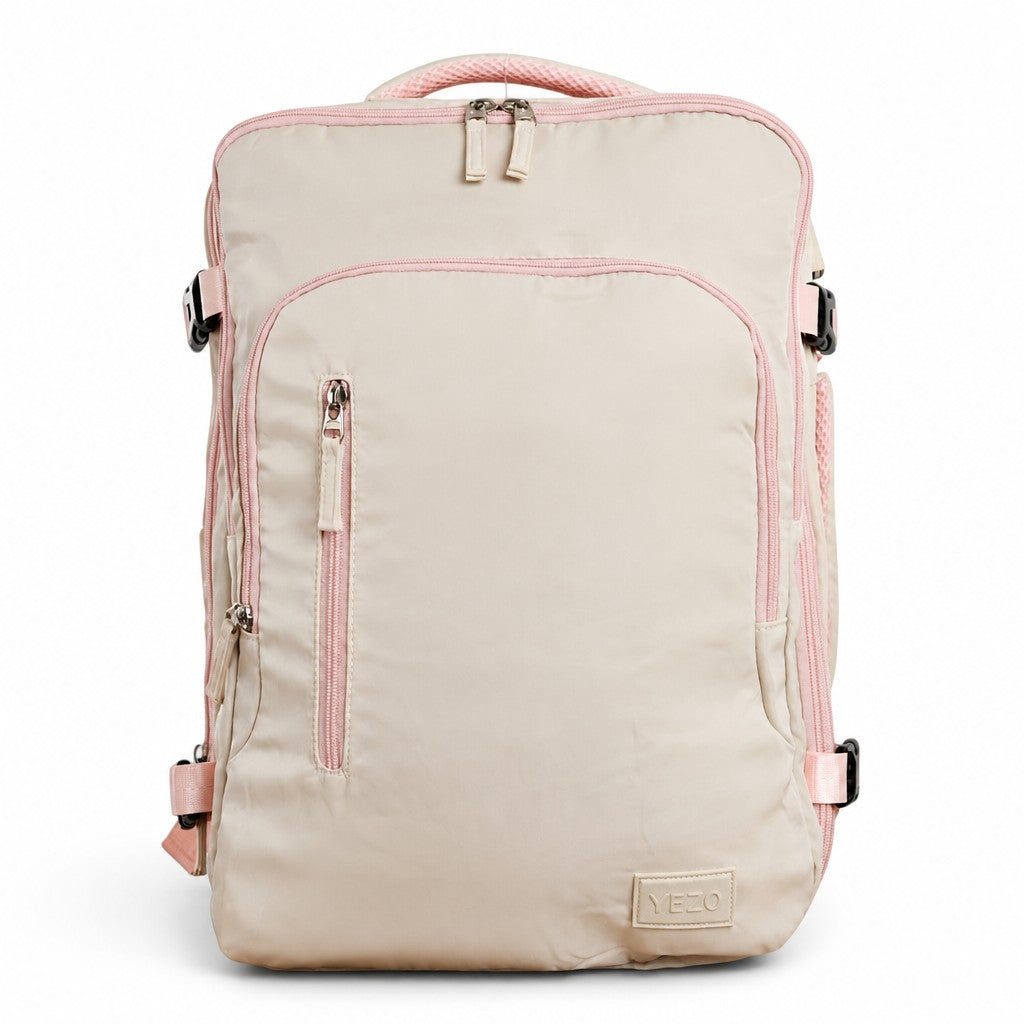 Morral MAYORISTASBAG YEZO color beige con detalles en rosa, diseño minimalista, ergonómico y compartimento para laptop.