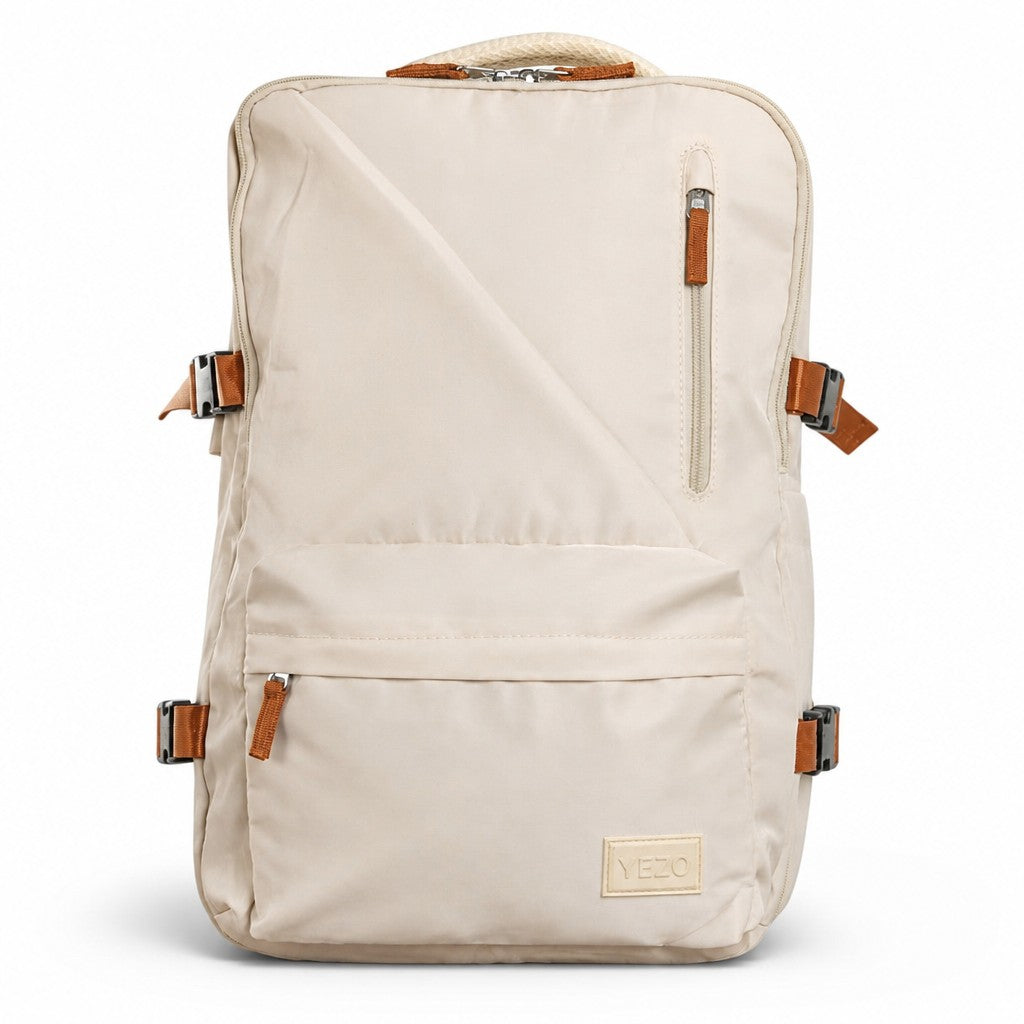 Morral MAYORISTASBAG YEZO 2211 color beige con compartimento para laptop y detalles en cuero sintético marrón