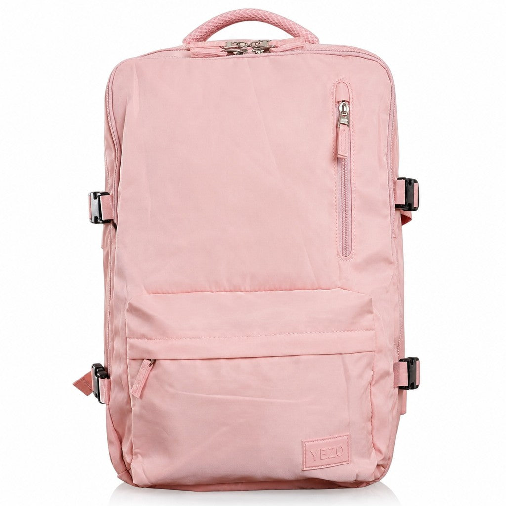Morral MAYORISTASBAG YEZO 2211 rosa con compartimento para portátil, zapatero ventilado y diseño ergonómico resistente.