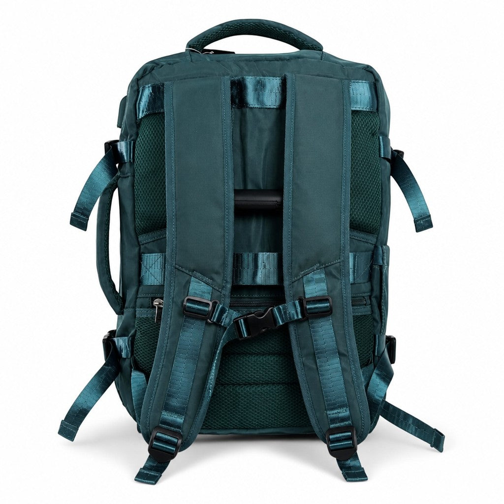 Vista trasera del morral MAYORISTASBAG YEZO 2296 en color verde oscuro con correas acolchadas y ergonómicas